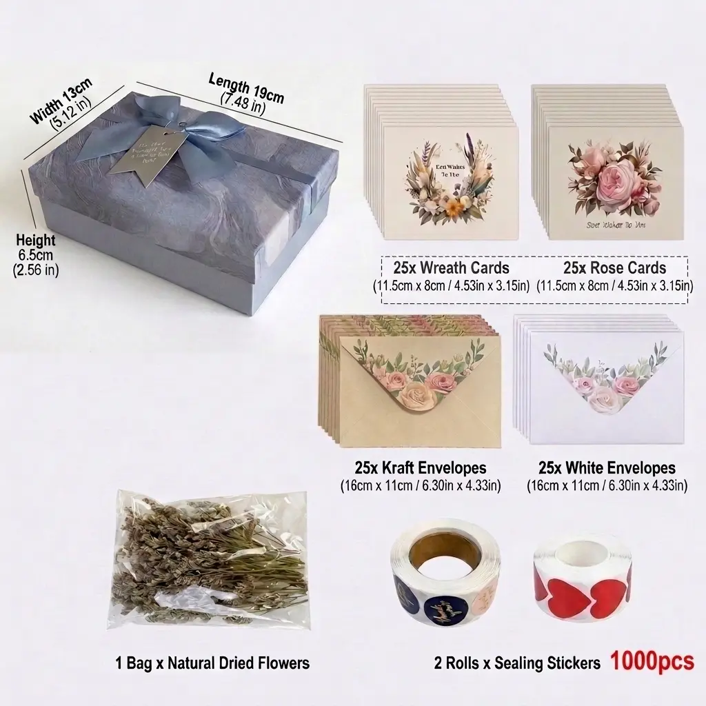 Envelope and greeting card gift box set, including 50 envelopes, 50 greeting cards, 1000 sealing stickers and 1 pack of dried flowers. Ideal for Mother's Day, Valentine's Day, birthdays as well as daily gift-giving and expressing gratitude.