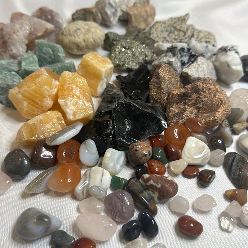 Mixed Gallon Mining Bucket with over 4 lbs of Polished and raw crystals, pyrite, amethyst, black obsidian, rainbow moonstone, green jasper, and spider jasper home decor natural crystal