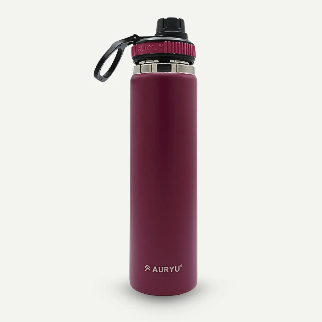 24oz Triple-Walled Stainless Steel Water Bottle Leak Proof, BPA-Free Thermos with Bonus Spout Lid Wide Mouth Flask for Travel, Hiking, Gym, Hot & Cold Use, Burgundy