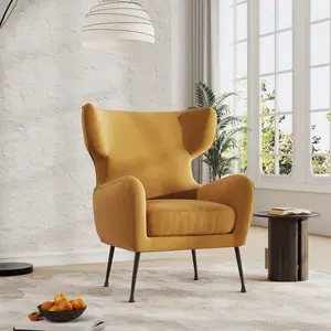 Vabches Modern Wingback Accent Chair, Mid-Century Upholstered Armchair with Comfy Cushion & Metal Legs, Stylish Reading Chair for Living Room, Bedroom or Office, Mustard Yellow