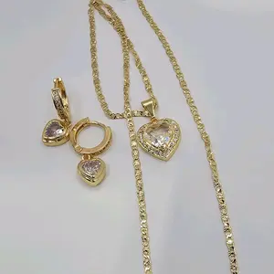 hearts set   beautiful clear  color chain with earrings hoops drops style gold-plated 24"inches