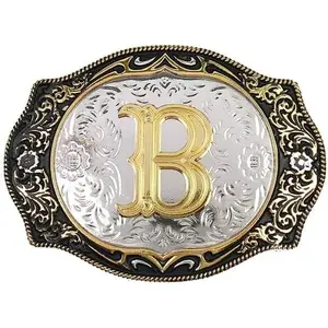 Western Belt Buckle Initial Letters ABCDMRJ to Z Cowboy Rodeo Small Gold Belt Buckles for Men Women