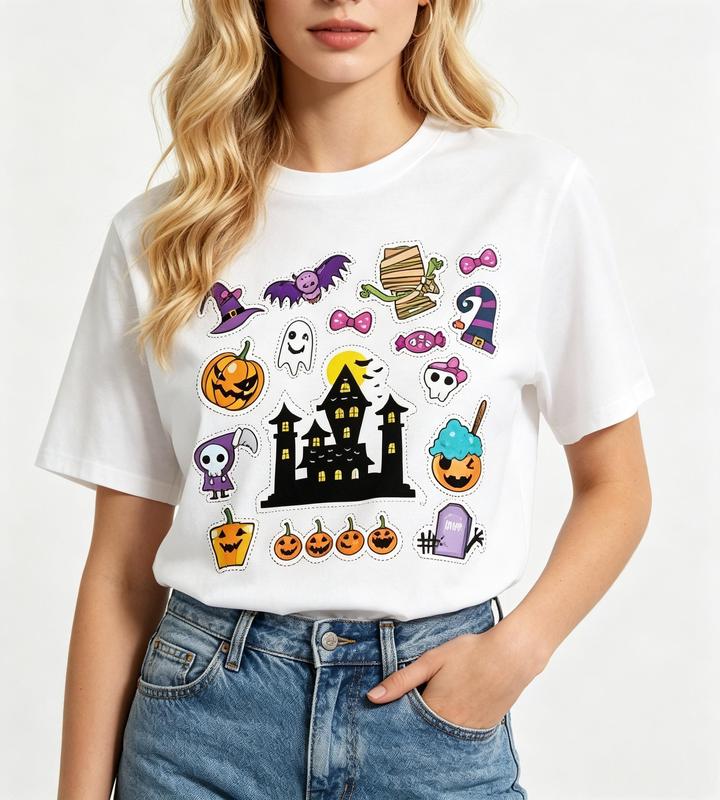 Women's Fitted Cut Cotton T-Shirt - Crew Neck, Short Sleeve, White, Haunted Graphics, Haunted House, Ghost, Mummy, Spooky, Casual, Lightweight Tops for Women, Beach Style #sohochic
