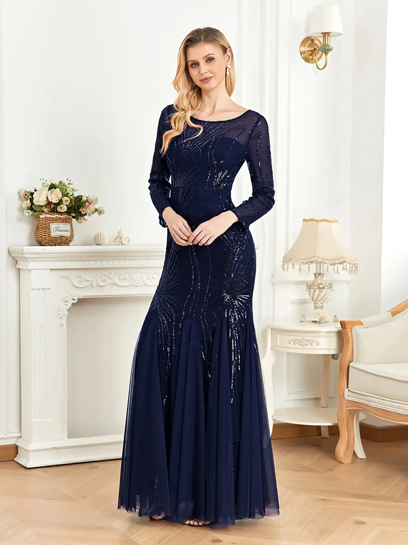 Elegant Shimmering Mesh Formal Dress, Embellished Prom Gown, Long Sleeve Round Neck Mermaid Evening Gown, Evening Glam Gown, Radiant Sequin Pattern, Ideal for Bridesmaids, Mothers, Events, Evening Event Clothing, Womenswear