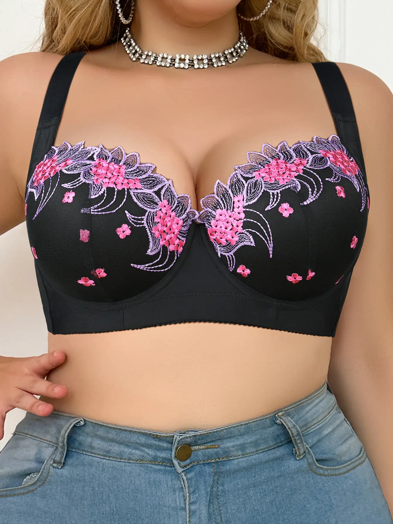MImilemon Plus Size Embroidered Full Support Bra Underwire Supportive Lace Bra Comfort Daily Wear