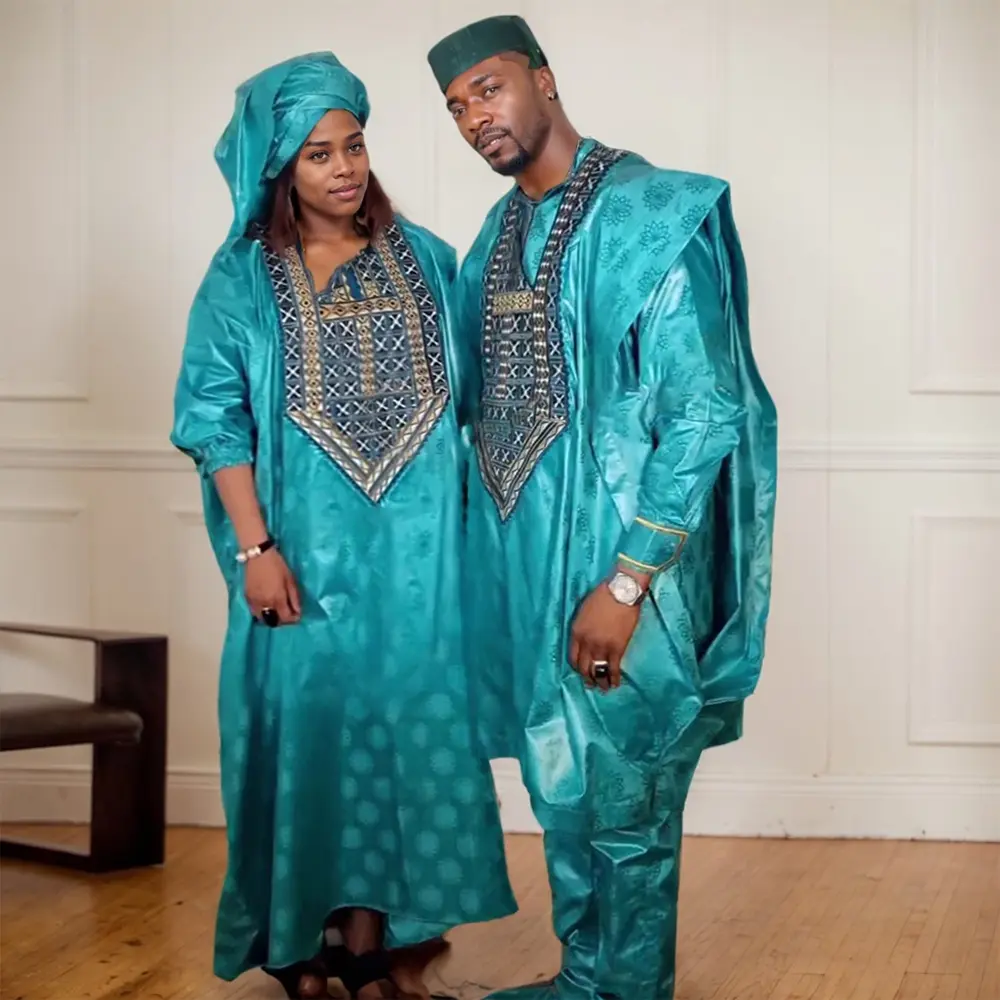 Couple's Matching Outfits, Traditional African Green Geometric Print Men's Shirt & Pants Set with Women's Off-Shoulder Mermaid Dress, Couples Night