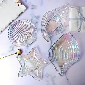 Ocean Inspired Glass Plate-Irregular Conch, Starfish and Shell Pattern, Suitable for Dinner, Salad, Dessert and Snacks