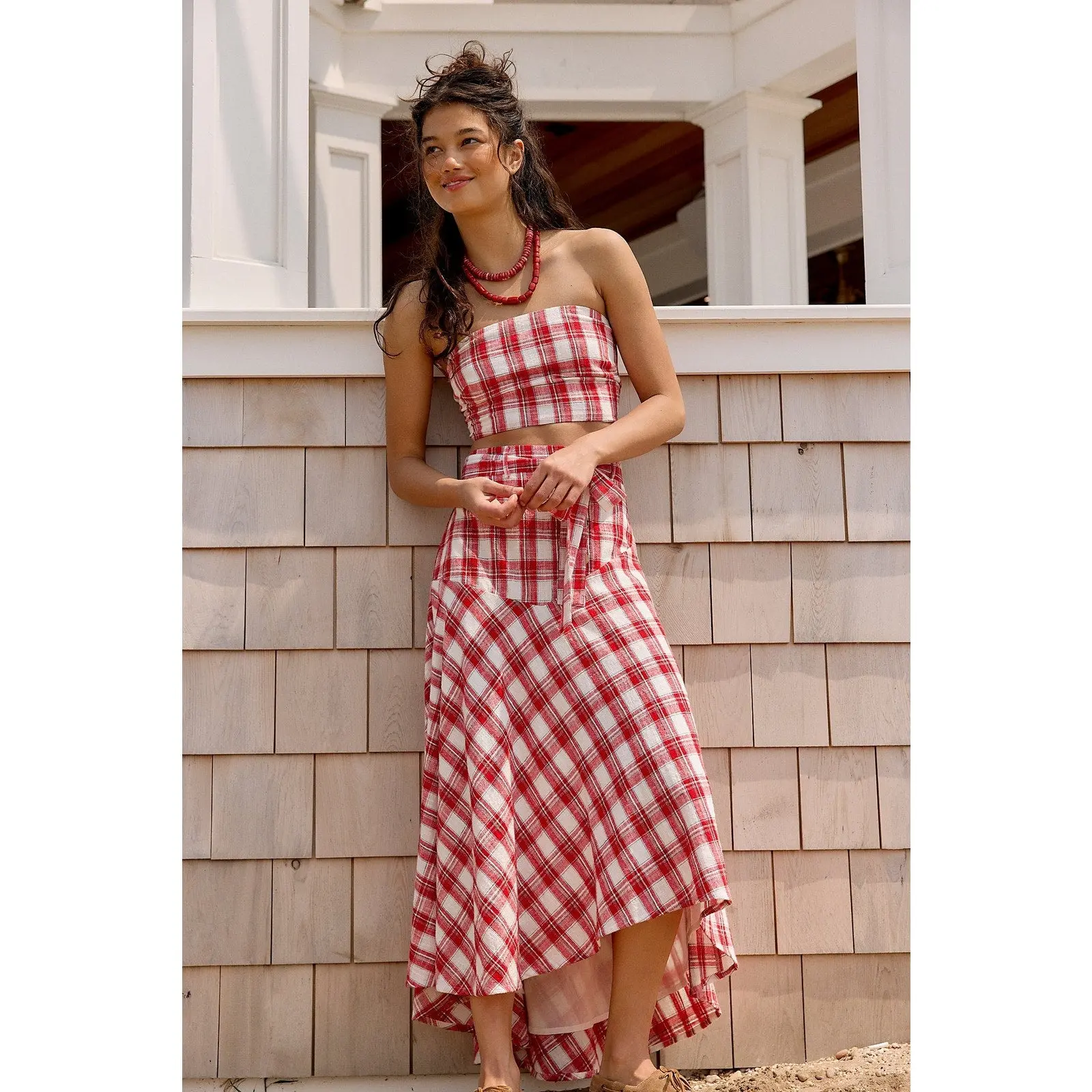FREE PEOPLE After You Set MAXI SKIRT + CROP TOP Set Red Plaid