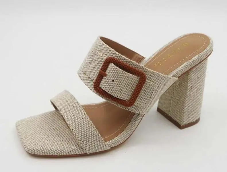 Thique Linen Heel - Beige Linen Mules with Brown Buckle Summer Shoes for Women Comfortable & Stylish Design