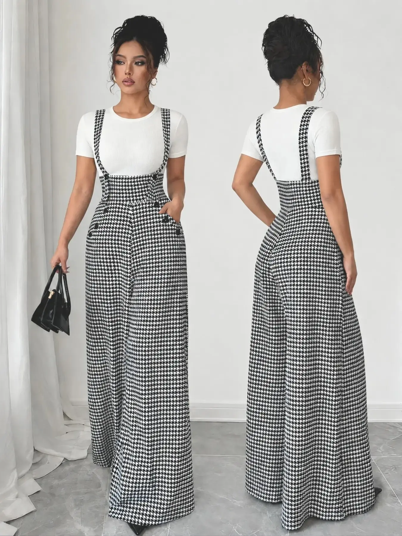 Women's Knitted Houndstooth Plaid Print Belted Pants, Button, Elegant Fall/Winter Fashion, Long Pants with Front Zipper and Pockets, Casual Commuter Wear, Womenswear, Casual High Rise, Fit