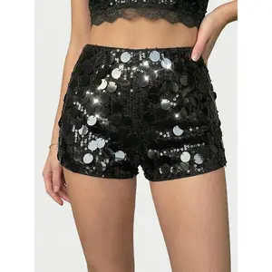 VYNCE Women Sexy Black Sequin Mini Shorts Grunge Punk Festival Rave Outfit Ultra Low Waist Micro Shorts for Concert Party Nightclub