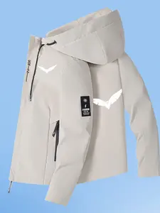 Men's High-Quality Personalized Print Hooded Zipper Pocket Outdoor Windproof Jacket, Long Sleeve Loose-Fitting Casual Style