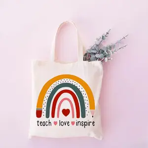 "Teach & Love & Inspire" Rainbow Pattern Canvas Tote Bag, Vibrant Rainbow Print, Gifts For Teachers, Fashion Handbag