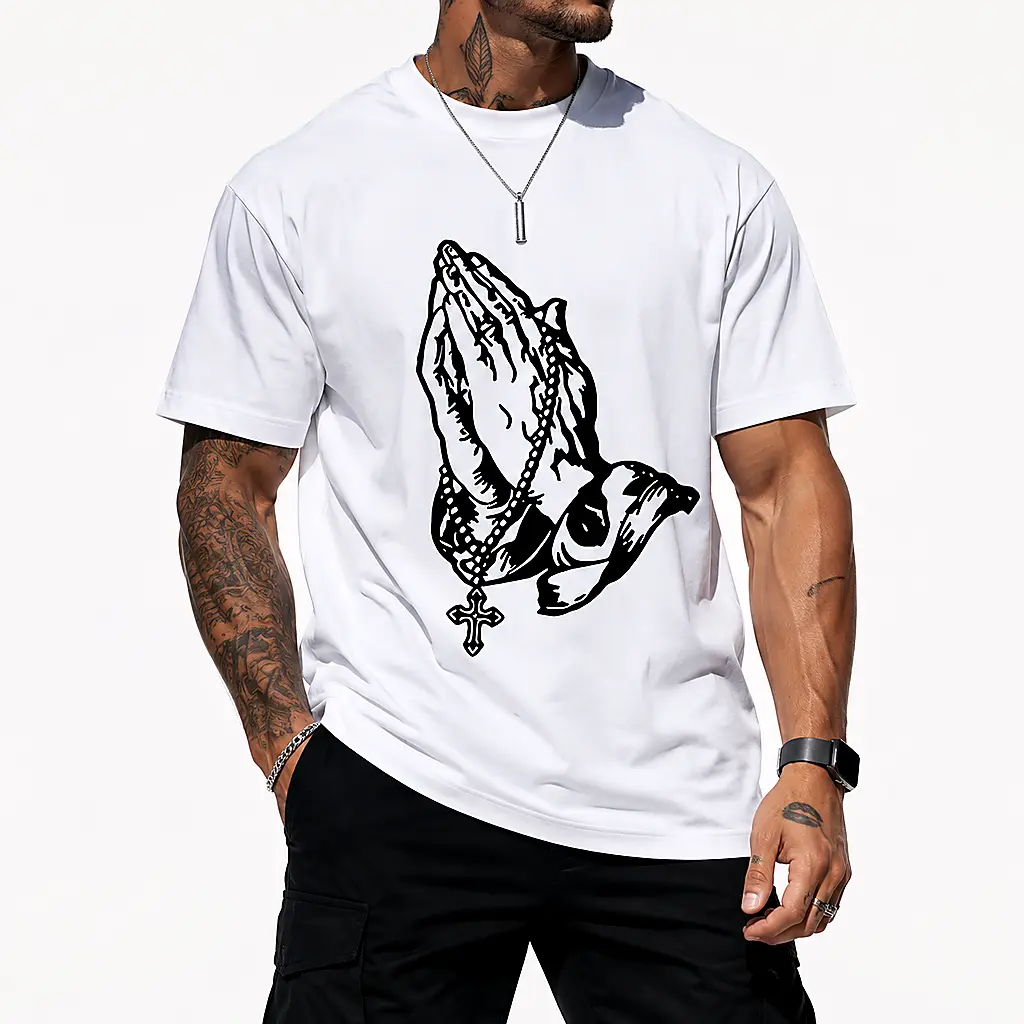 Mens Faith Religious Graphic T Shirt Praying Hands Rosary Cross Front Print Short Sleeve Crew Neck Believer Casual Daily Tops