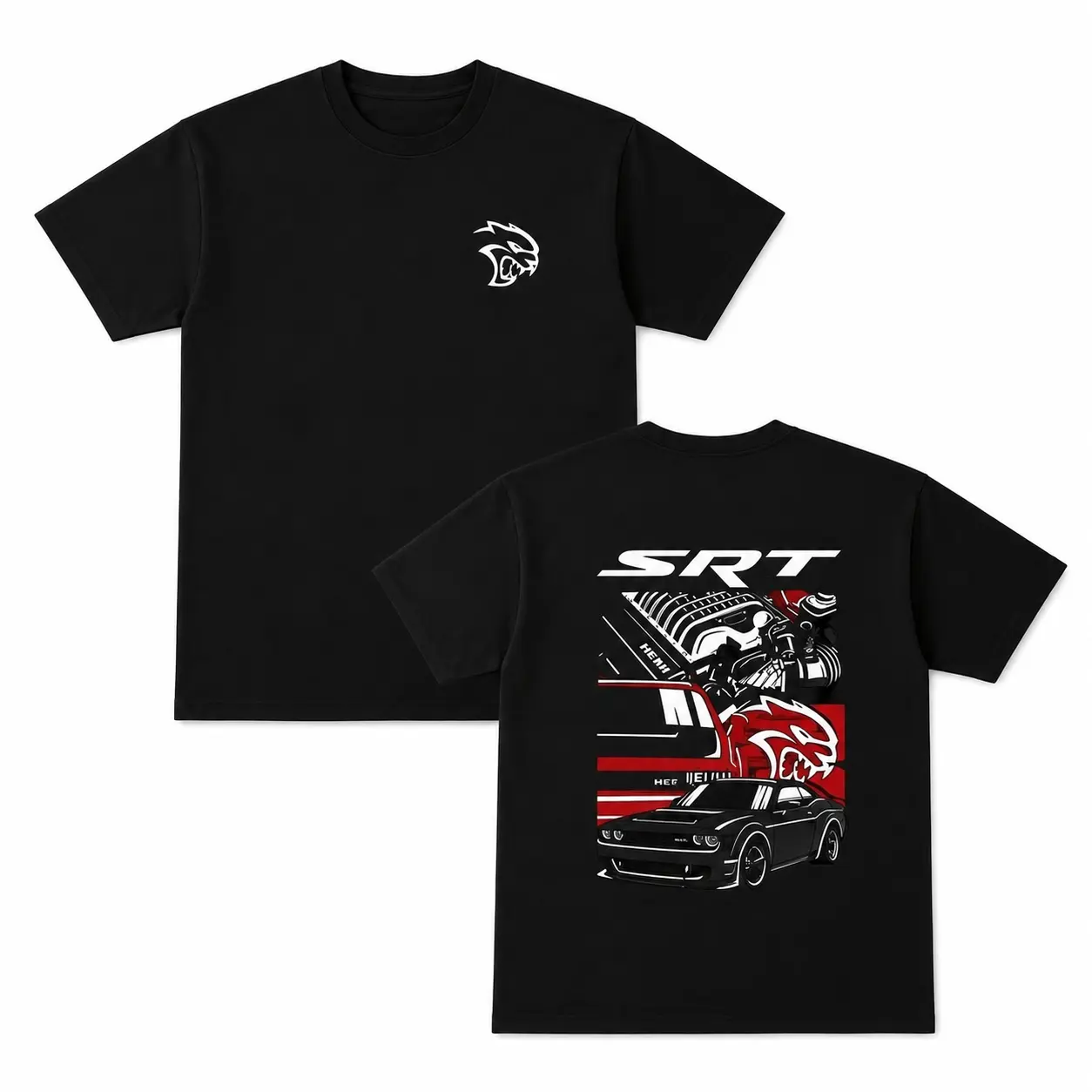 Orcacoatings Men's Black "Dodge SRT Hellcat Engine & Car" Graphic Tee - Menswear Top, 100% Cotton, Round Neck, Short Sleeve, Plus Size, Automotive Cartoon Print, Casual Crew Neck Shirt