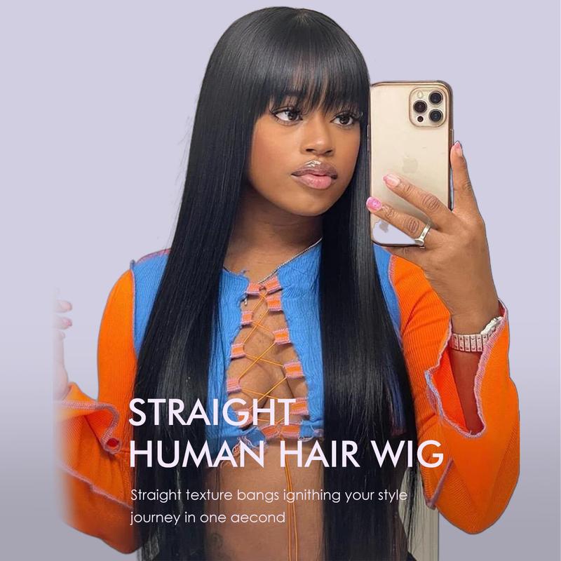 Straight Wigs Human Hair with Bangs 180% Density Brazilian Virgin Human Hair Wigs for Women Glueless Wigs Human Hair Machine Made None Lace Front Wigs Natural