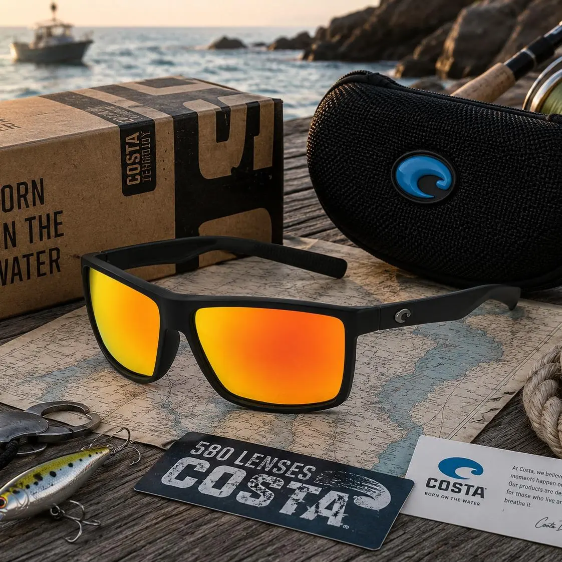 Full Box Costa Del Mar Rinconcito Costa 580G Men’s Polarized Sunglasses Black Frame Blue Mirror Lens UV400 Fishing Driving Outdoor Sport Glasses with Case Box
