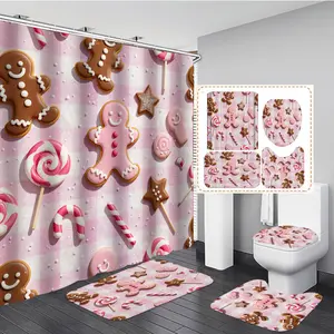 1/3/4PCS Pastel themed Gingerbread Cookies and Lollipops Shower Curtain Set with Rugs, Non Slip Bath Mat, U-Shape Carpet, Toilet Lid Cover, Polyester Fabric Bathtub Curtain Accessories, 12 Hooks, Home Bathroom Festival Decor