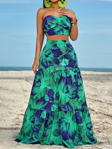 Two-Piece Summer Lightweight Casual Resort Statement Chic Women's Printed Skirt Set Outfit, Clothes, Off-Shoulder Crop Top with High-Waist Skirt, Perfect for Parties and Vacations, Womenswear