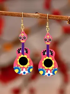 Halloween Themed Guitar Shaped Dangle Earrings, Fashionable Skull Design Acrylic Drop Earrings for Women, Ideal for Halloween, Parties, and Music Festivals