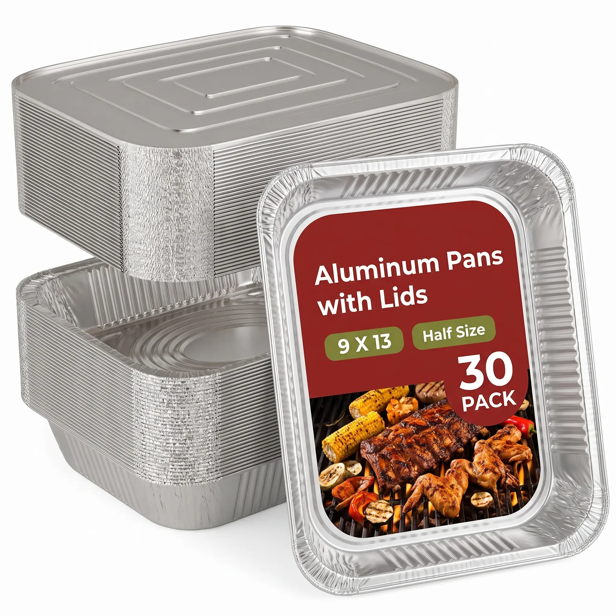 30 Pack 9x13 Aluminum Pans with Lids, Disposable Foil Pans | Heavy Duty Aluminum Foil Baking Pans for Cooking, Meal Prep, Food Storage, Catering & Holiday - Oven, Freezer & Grill Safe