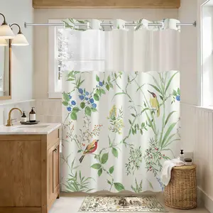 Double Layer Shower Curtain, Floral Theme, Waterproof, No Hooks, Easy Installation, Rustic Style, for Hotel, Dorm, Home Decor, Bathroom Decor