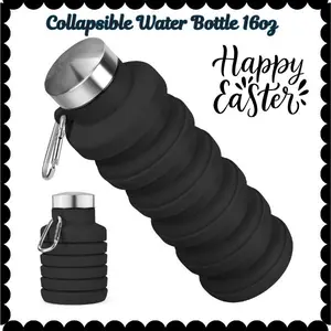 Collapsible Water Bottle 16oz Portable Reusable Silicone BPA-Free Leak-Proof Foldable with Carabiner Lightweight Durable for Gym Travel Camping Hiking Sports Tumbler