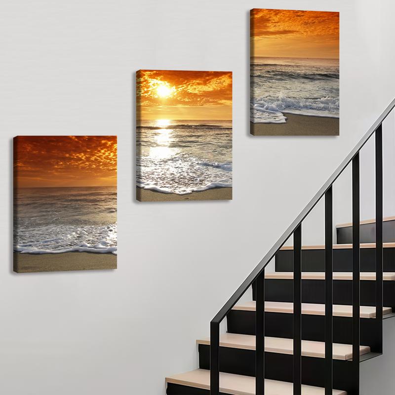 3Pcs Wooden Framed Canvas Painting, Ocean Sunset Beach Waves Scene, Exquisite Poster, Home Decoration, Pattern Wall Art Decor, For Living Room, Bedroom, Office, Restaurant, Bar Wall Decor, Odorless, Painting, Print Artwork.
