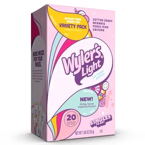 Wyler’s Light Singles To Go Water Drink Mix Variety Pack, Fun Cotton Candy Peach Ring Mermaid Unicorn Flavors, Sugar Free & Caffeine Free, Portable Powder Sticks, 20 Count