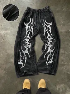 Men's Casual Loose Cotton Sports Pants, Cyber Edge Pattern Print, Street Style, Streetwear, Drawstring Waist, Ankle Length, All Seasons, All Seasons Wear