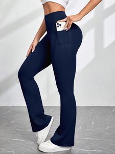 women's solid color pocket sports leggings, casual comfy breathable skinny pants for yoga gym workout running, ladies sportswear for all seasons, running fitness trousers, sporty leggings