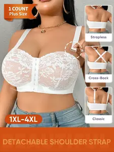 Plus Size Lace Bra, Breathable Cups (1xl-4xl), Floral Design, Removable Detachable Straps, Medium Support, Casual Style, All Seasons