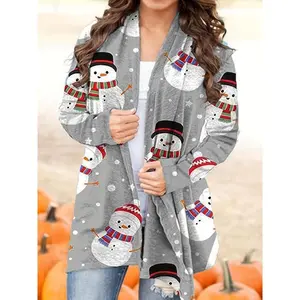 Plus Size Christmas Casual Jacket, Women's Oversized House and Snowflake Print Long Sleeve Cardigan