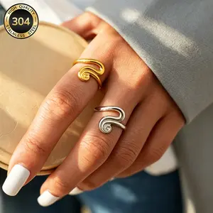 Luck Jewelry Women's Stainless Steel Geometric Open Ring - Adjustable Interchangeable Metallic Ring with Gold Accents, Lightweight, Tarnish-Free, Metal Coated, Minimalist for Stacking & Casual Summer Wear, Adjustable Interchangeable Rings, Gold Accents Ri