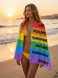 Pride Month - Scarf Shawl Wrap with Progress Pride Flag Colors and Life Healing Sunshine Nature Harmony Spirit Text - Statement Piece for Outfit Styling, Parade or Wall Decor
