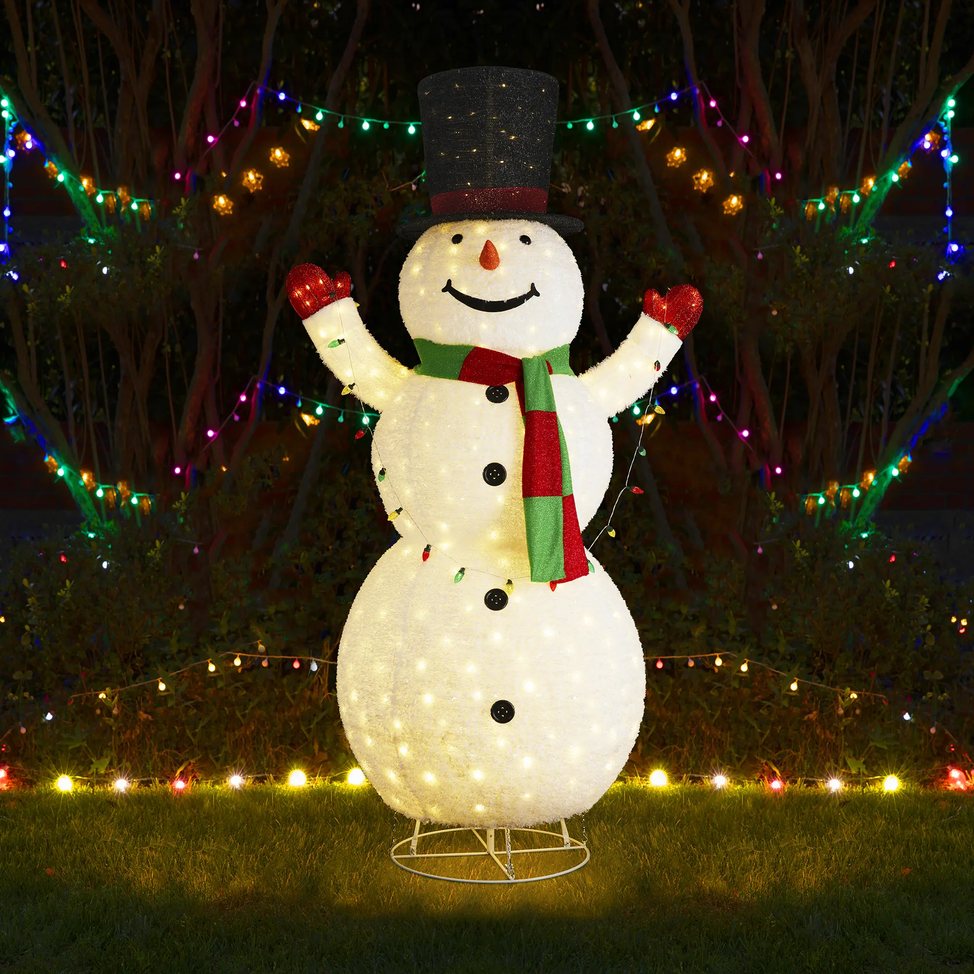 Glitzhome 94.5"H Oversized Modern Irregular 3D Foldable Fabric-Metal Outdoor Christmas Snowman Decor, Multi-Color Illuminated Lights, 430 Warm White LED Lights, Stake, Extra Zip Ties, Easy Installation Metal Holiday Decor