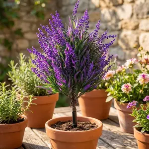 Lavender Artificial Plant with Ground Spike, Outdoor Artificial Flowers, UV-Resistant Plastic Faux Flower for Outdoor Garden Porch Balcony, Maintenance-Free Landscaping Accent, US Thanksgiving Holiday Decor Ready, Easy Installation