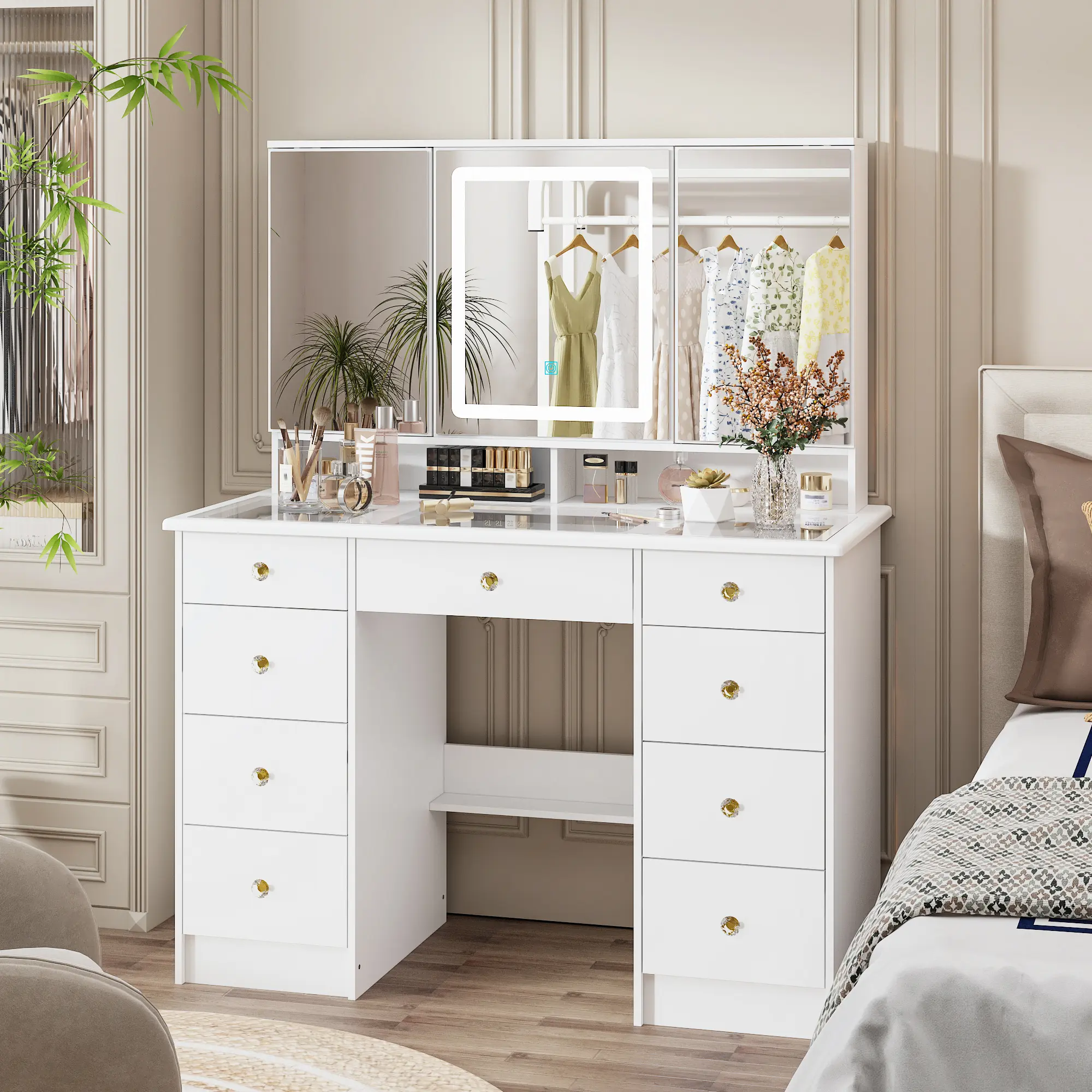 【LIVE ONLY】FUFU&GAGA  43.3"W Vanity Desk With 9 Drawers, Makeup Desk With 3-Mirror And Touch Screen Light, Dressing Makeup Table For Bedroom