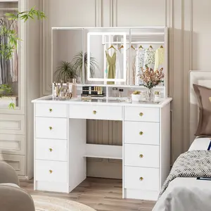 【LIVE ONLY】FUFU&GAGA  43.3"W Vanity Desk With 9 Drawers, Makeup Desk With 3-Mirror And Touch Screen Light, Dressing Makeup Table For Bedroom