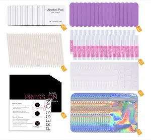 Press On Nail Tool Kit for Nail Business, Nail Prep Application Disposable Kit with Nail File, Nail Glue, Prep Pads, Instruction Card, Adhesive Nail Tabs, Wood Stick, Holographic Bag (20pcs in purple)