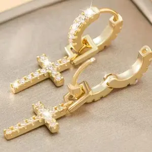 24k gold plated cross drop hoop earrings inlaid zircon  for women