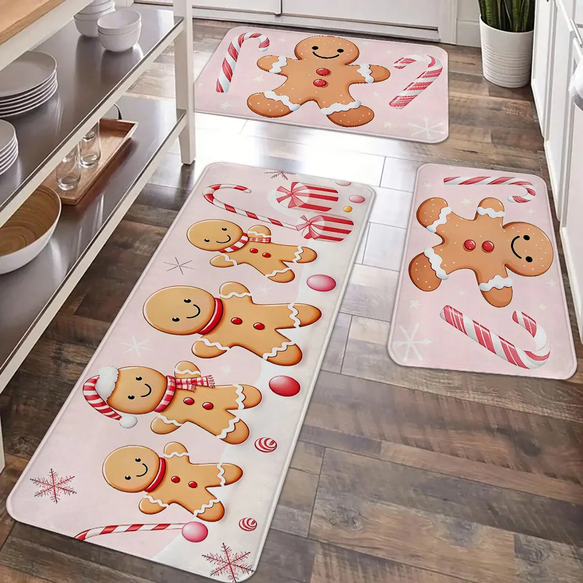 2/3pcs Christmas kitchen floor mat, cute gingerbread flannel carpet floor mat, Merry Christmas non slip floor mat, suitable for kitchen, entrance door, laundry room, bathroom, sink, living room, room Christmas decoration floor mat, Home Decor Rugs