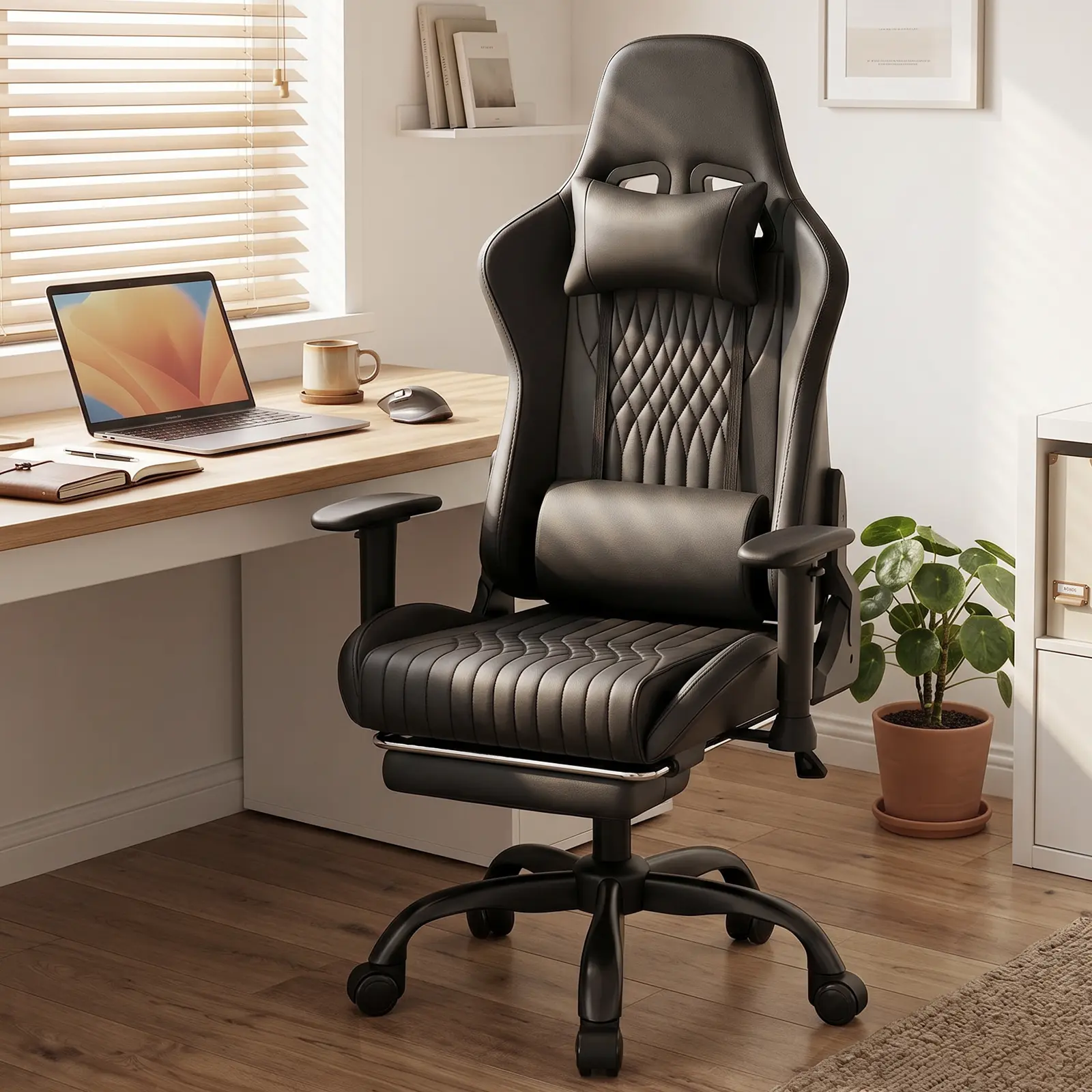 Gaming Chair with Footrest, Ergonomic High-Back PU Leather Computer Chair with 3D Adjustable Armrests, Headrest and Lumbar Support, Office Desk Chair with Diamond Stitching for Adults & Teen