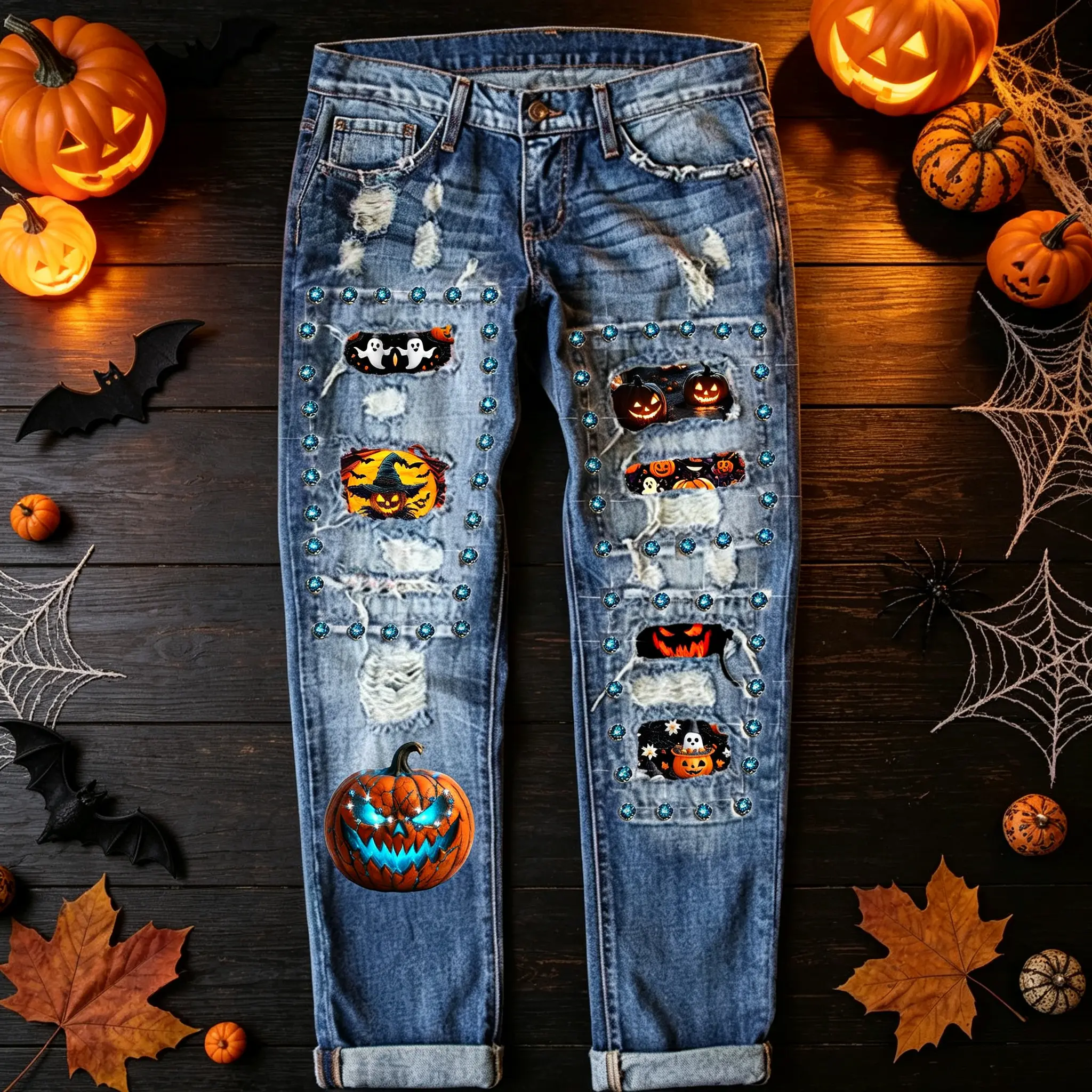 Women's Button Front Halloween Diamond Print Distressed High-Waisted Straight-Leg Jeans, New Fashion All-Season Bottoms, Button Front Jeans