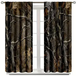 2 Piece Camouflage Tree Curtains, Forest Theme Oak Branches and Leaves Design, Perfect for Hunting Cabins or Cabin Bedrooms, Room Decor Curtain