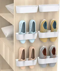 Wall Mounted Shoes Rack 6 Pack with Sticky Hanging Strips, Plastic Shoes Holder Storage Organizer
