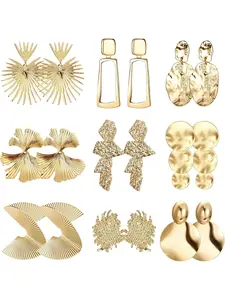 9Pairs Gold Clip On Statement Earrings for Women Large Gold Earrings Exaggerated Women's Clip-on Earrings Non Pierced Geometric Leaf Round Dangle Earrings