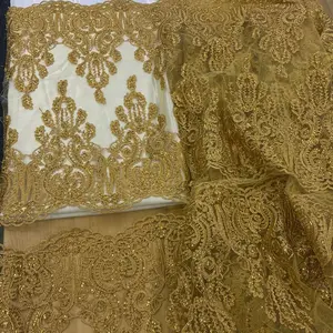 Dark Gold Lace Fabric with Sequins-Applique Lace Fabric