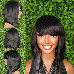Swoop Bang Human Hair Bob Peruvian Remy Super Natural Hair Natural Black Glueless Bob Wig 100% Human Hair Full Cap Wig with Layered Cut & Swoop Bang for Women
