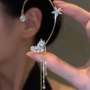 Shiny Butterfly Trendy Zirconia Inlaid Tassel Ear Cuff Earrings Elegant Ear Ornaments Jewelry Accessories for Women Without Ear Holes
